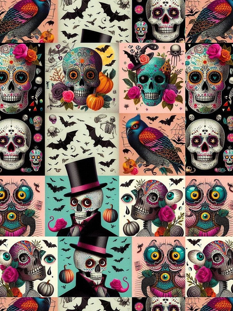 Whimsical Skulls and Bats in Colorful Death Collage by BriSher
