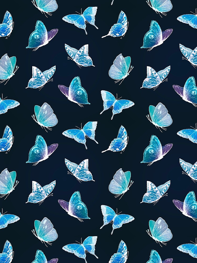 Mystical Blue White Purple Butterflies Pattern Black Background by Jaydee001
