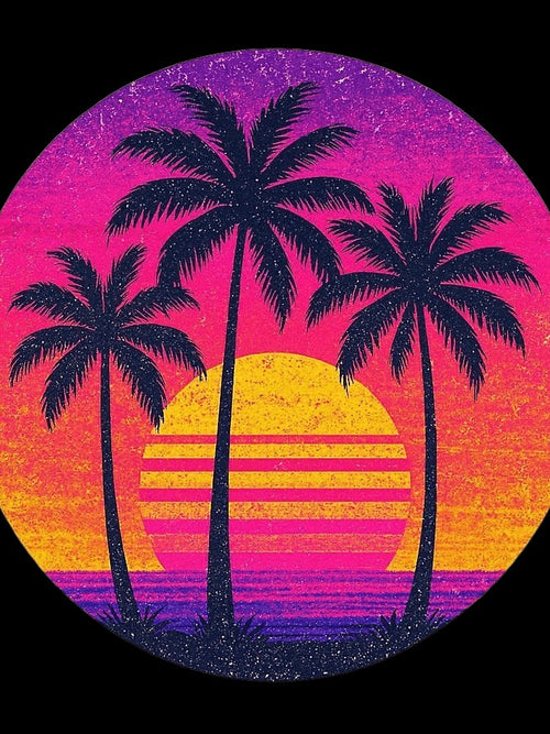 1980s Retro Neon Sunset - Vintage Palm Trees Circle by Novalovestudio
