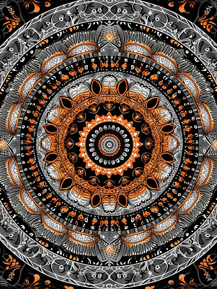 orange silver gold circular design background, in the style of kaleidoscopic designs, light violet by PinkPinkArts