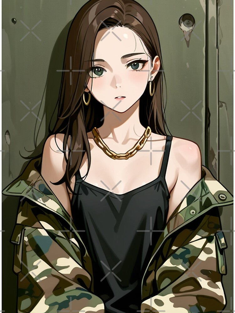 Fashion - Woman in Camouflage Camo Jacket Tank Top Gold Chain Anime Variant 5 by AnimeShin
