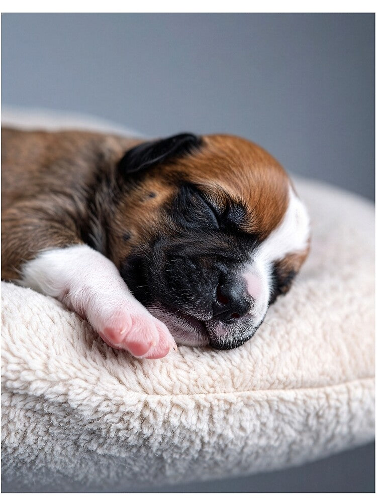 Newborn Puppy Napping on Fluffy Pillow - Sweet Tiny Dog Photography - Cozy Pet Aesthetic by WildGentlemen