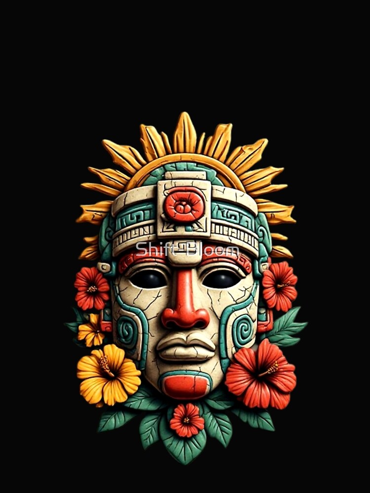Colorful Mayan Warrior Mask with Flowers & Sun | Elysium Echoes Icon 02 by Shift-Bloom
