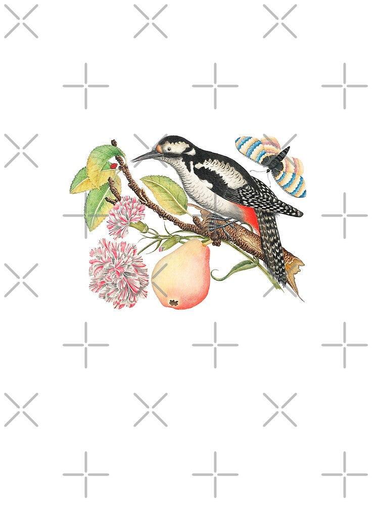 Vintage bird, butterfly, blossoms and pear in watercolor with vintage plants for flower art painting by wackodesign