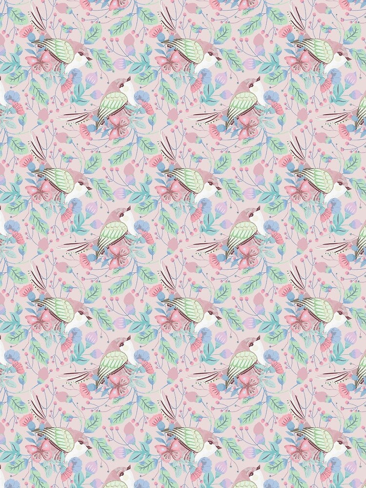 Pastel Floral Pink Blue Green Butterflies Birds by Jaydee001