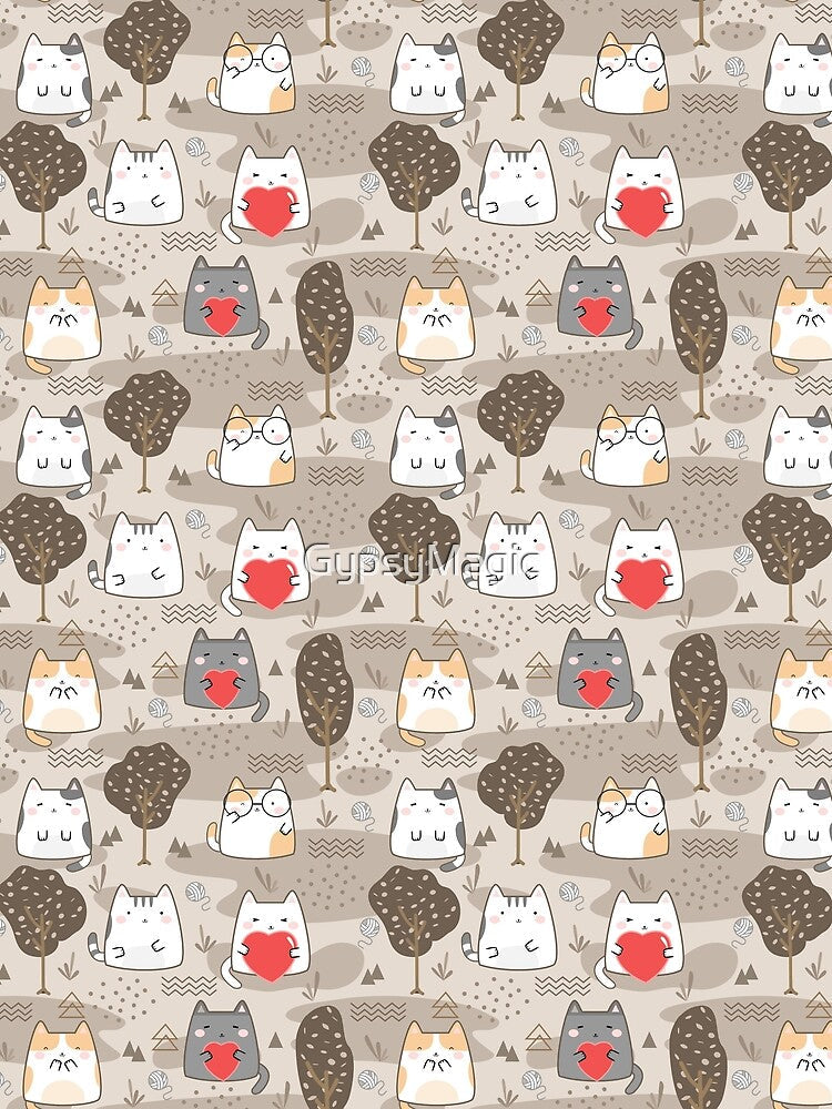 Kawaii Cute Cat Pattern, Kawaii Kitties Wearing Eyeglasses and Holding Red Hearts to Show Some Love by GypsyMagic