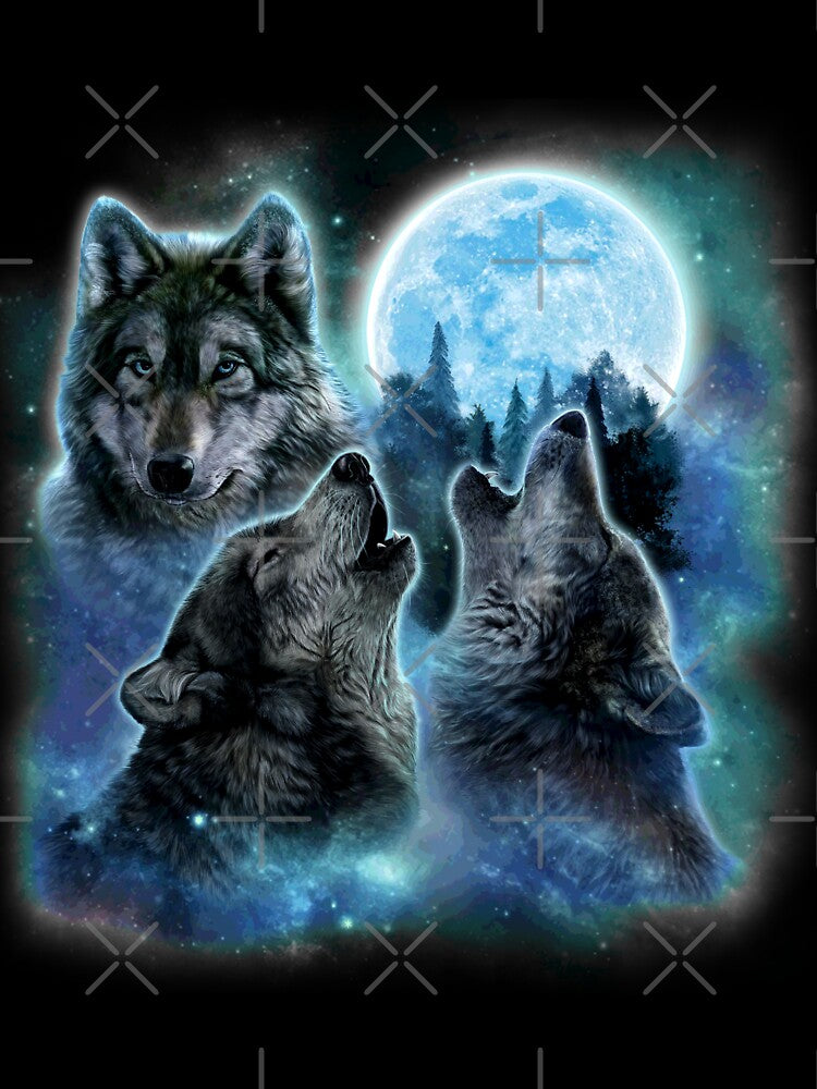 Three Grey Wolves and Icy Full Moon Swirl with Galaxy Space by Fox-Republic