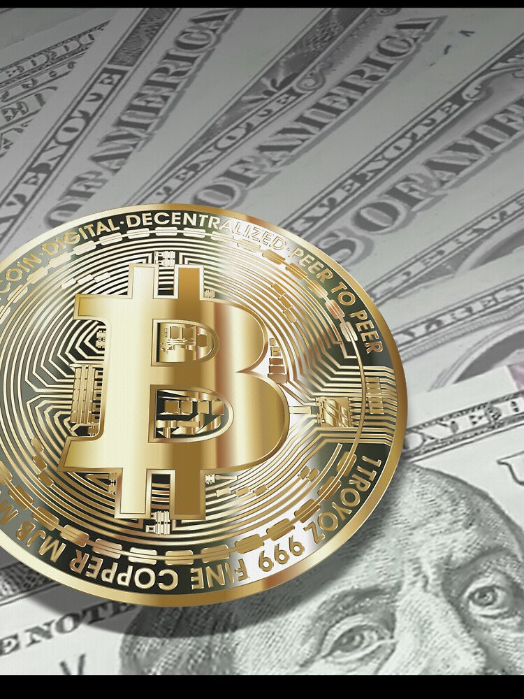 Bitcoin with dollar bills, cryptocurrency concept by ivanoel