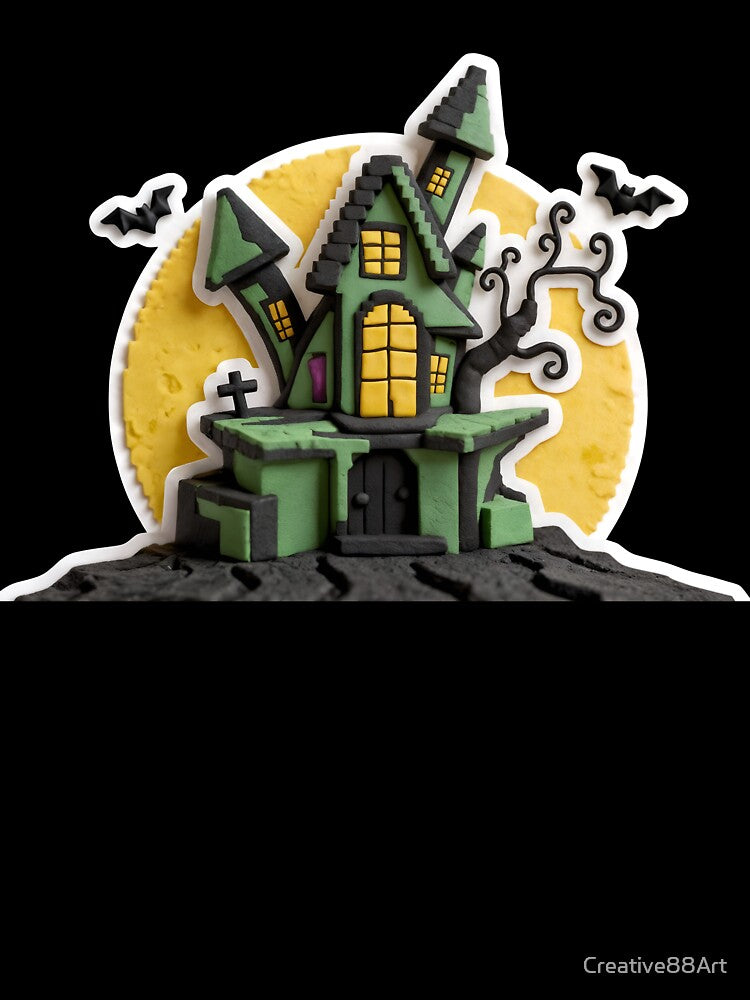 Spooky haunted house with bats and moon, halloween by Creative88Art