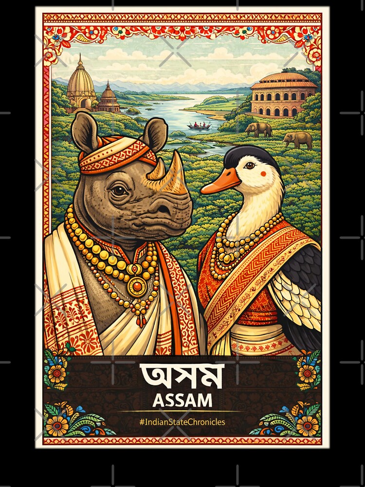 Assam T-Shirt | Heritage Indian One-Horned Rhinoceros & White-Winged Wood Duck Art | IndianStateChronicles by freezed-frames