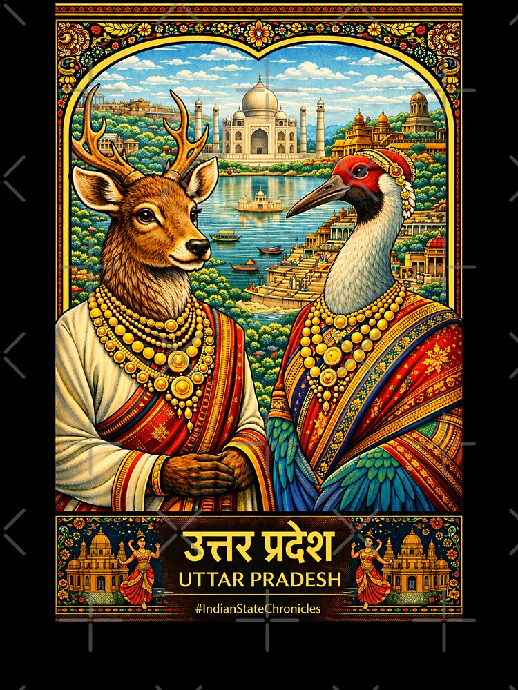 Uttar Pradesh T-Shirt | Heritage Swamp Deer (Barasingha) & Sarus Crane Art | IndianStateChronicles by freezed-frames