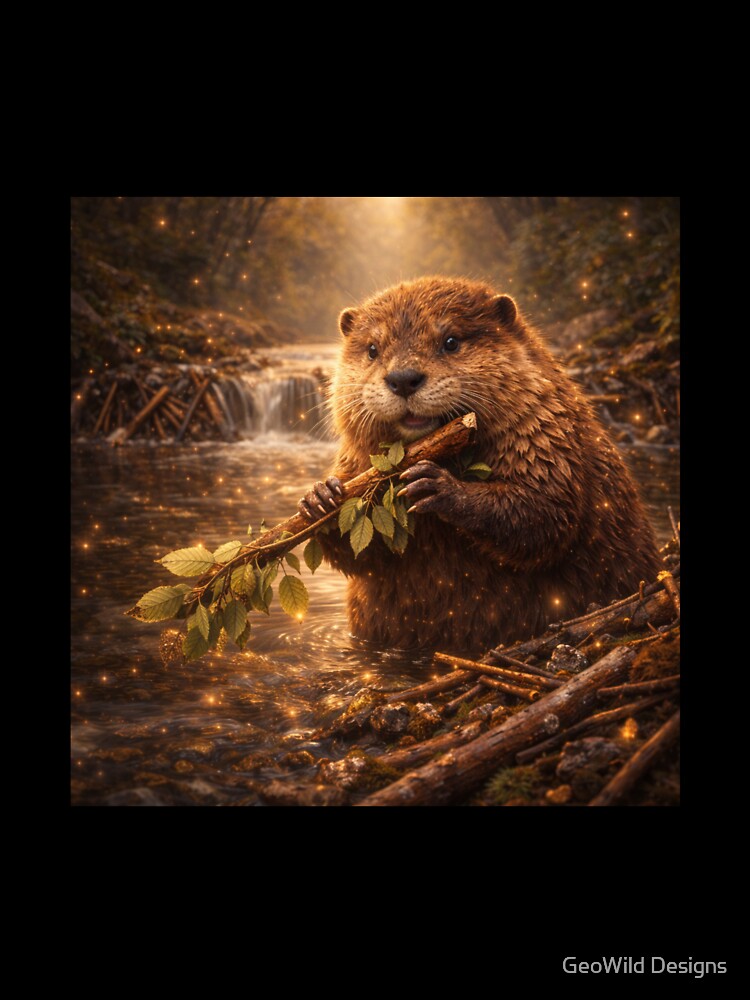 Beaver Building Dam – Cute Woodland Wildlife Illustration by GeoWild Designs