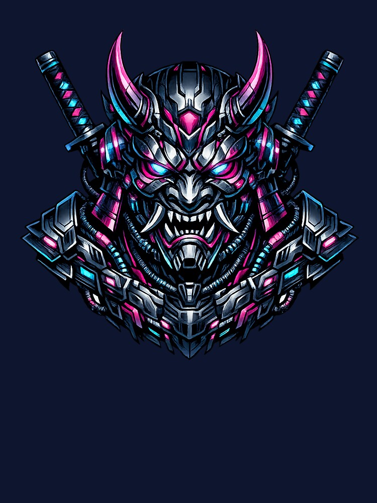 Cyber Oni Samurai Neon Japanese Mask  Futuristic Streetwear Graphic T-Shirt Design by HAFIZ-DP