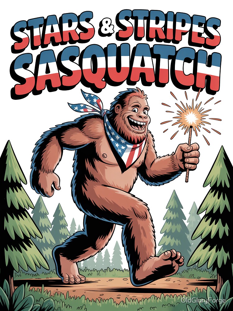 USA Bigfoot Illustration – Retro Patriotic Sasquatch Adventure by OldGloryForge