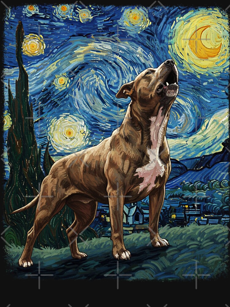 Pitbull Staffordshire Terrier Howling At Moon Starry Night Van Gogh Funny by d247