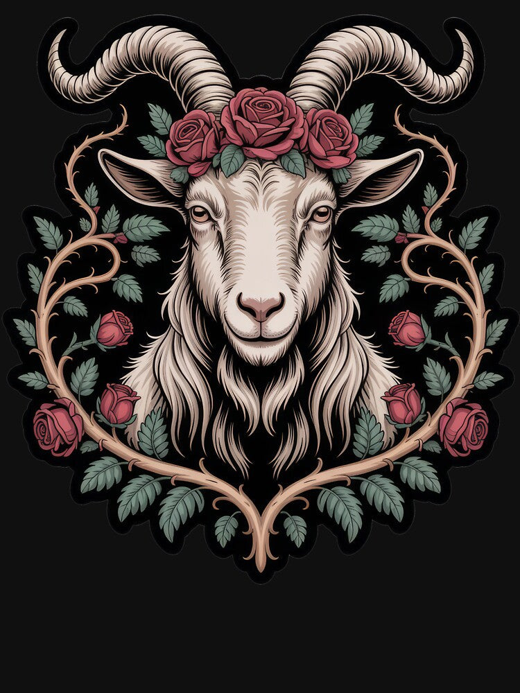 Floral Goat with Rose Crown – Mystical Boho Farm Animal Illustration by PosiMCreations