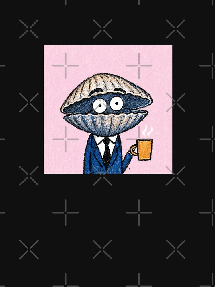 Funny Clam in Suit Drinking Coffee – Cute Business Clam Cartoon Art by 516 Studio