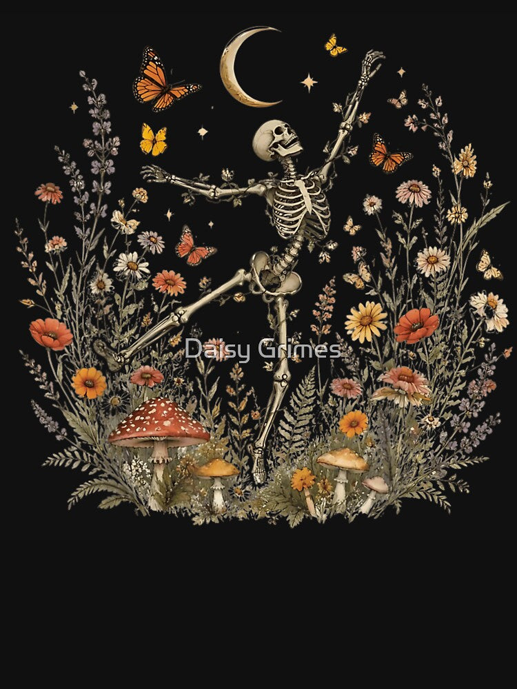 Dancing Skeleton Among Wildflowers Beneath Moonlit Butterflies by Daisy Grimes