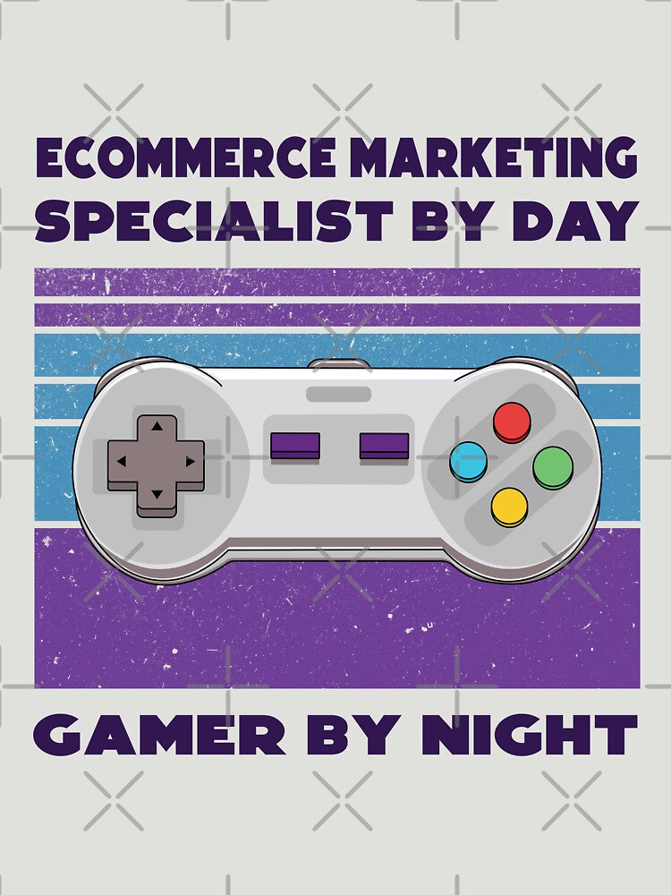 Ecommerce marketing specialist by day gamer by night, dark text, funny games lovers, humor, joke, meme, gamer worker, ecommerce marketing specialist job, marketing department by SGS-