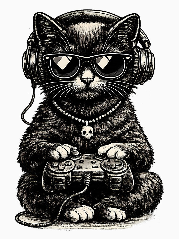 Gaming cat with headset - Vintage geek illustration by Hosharu Gaming