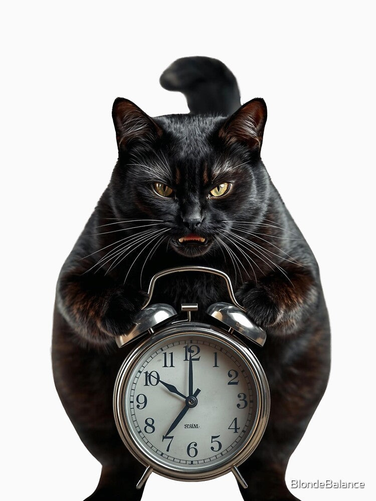 Grumpy black Cat With Alarm Clock by BlondeBalance