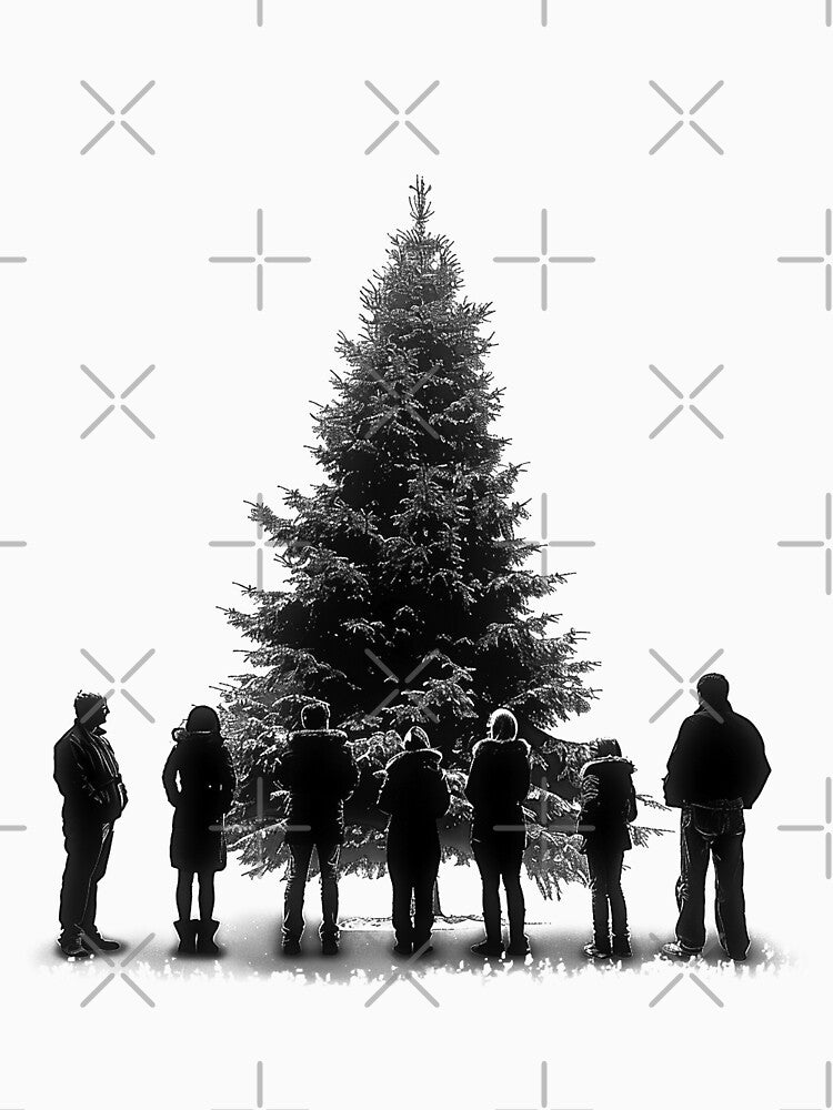 Christmas Tree Lighting Crowd – Minimal Black and White Holiday Illustration by inkoutninja