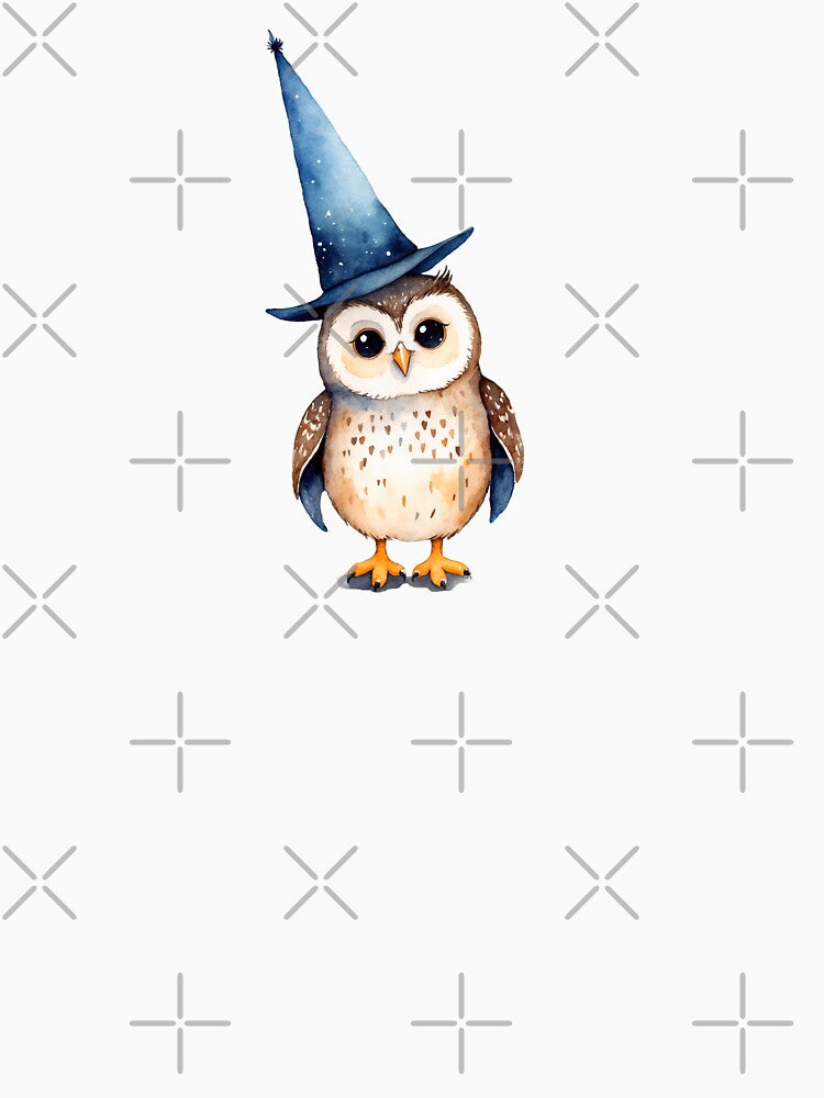 Vibrant Watercolor owl is wearing a blue hat by Victoria Riabov