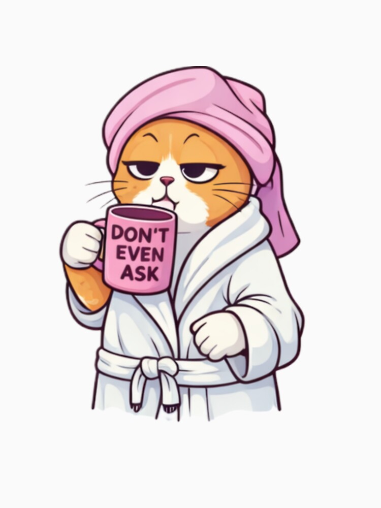 Funny Cat in Bathrobe Holding Coffee – Chill Lazy Cat Illustration by grcvxkgxx