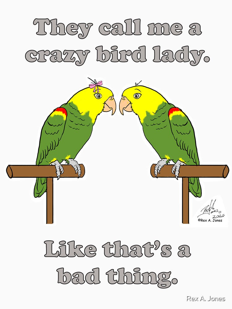 Crazy Bird Lady with double yellow-headed amazon by Laughing Parrot Studio