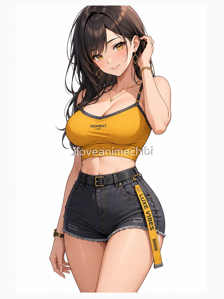 Stylish Anime Girl in Yellow Crop Top and Denim Shorts by iloveanimechibi