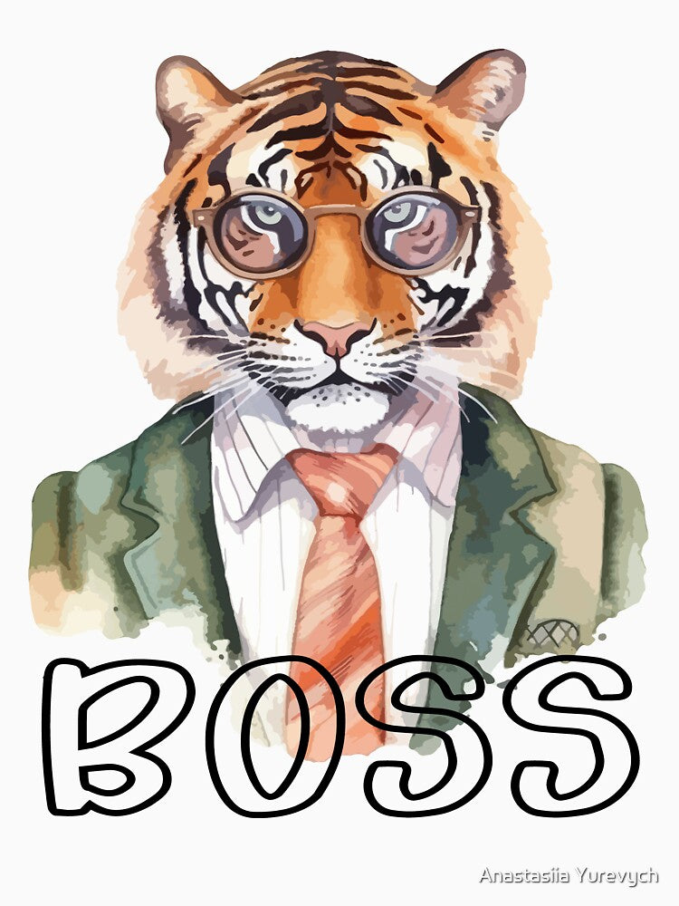 Watercolour tiger in a suit and glasses. Boss tiger - letter quote. Humor poster, t-shirt composition, hand drawn print style. by Anastasiia Yurevych