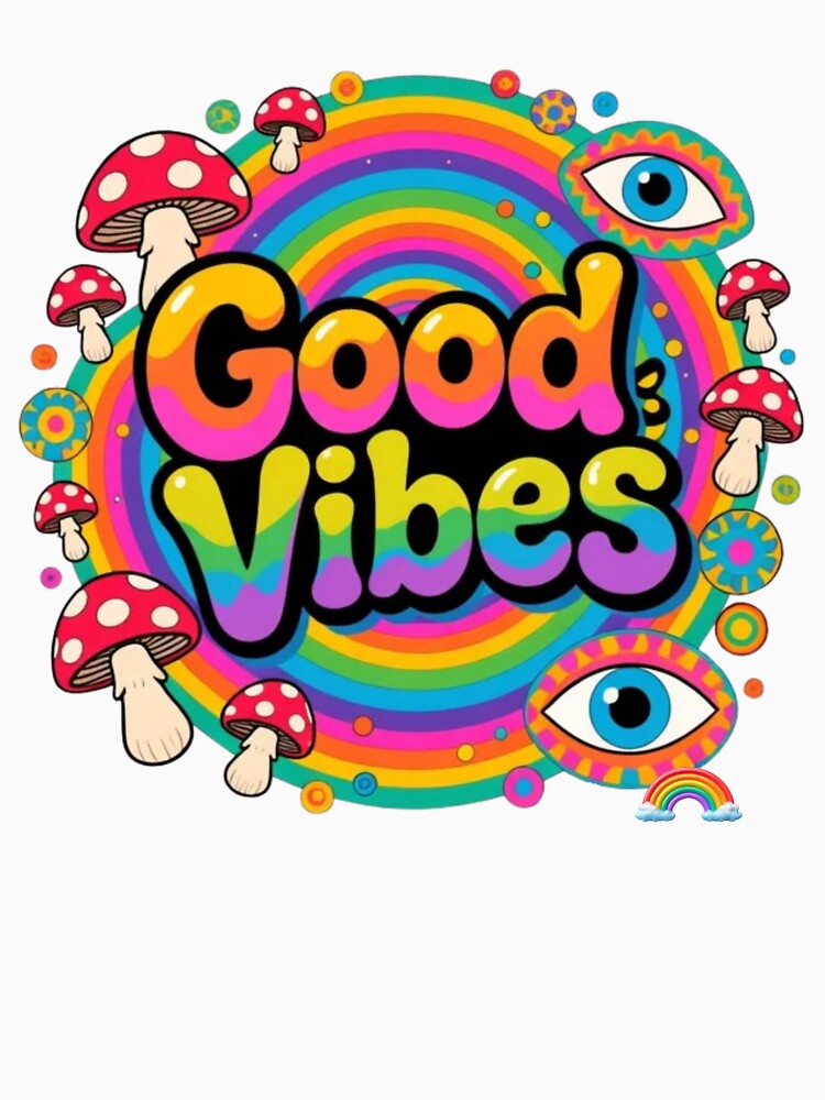Good Vibes Retro Psychedelic Rainbow with Mushrooms and Eyes by Golden_Pixel_Paper