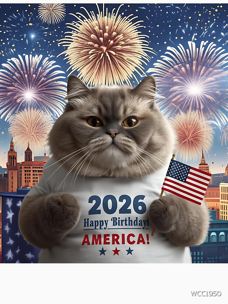"Happy Birthday America 2026" Patriotic Cat T-Shirt Design by WJ Cozy Creations