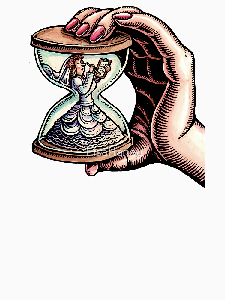 Bride in bridal gown inside hourglass with a checklist and a large hand holding the hourglass by LisaHaney
