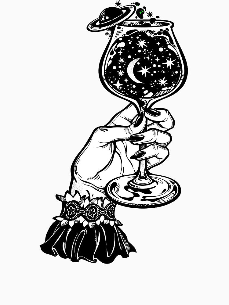 Elegant female hand holding a universe in a glass by ExocetMerch