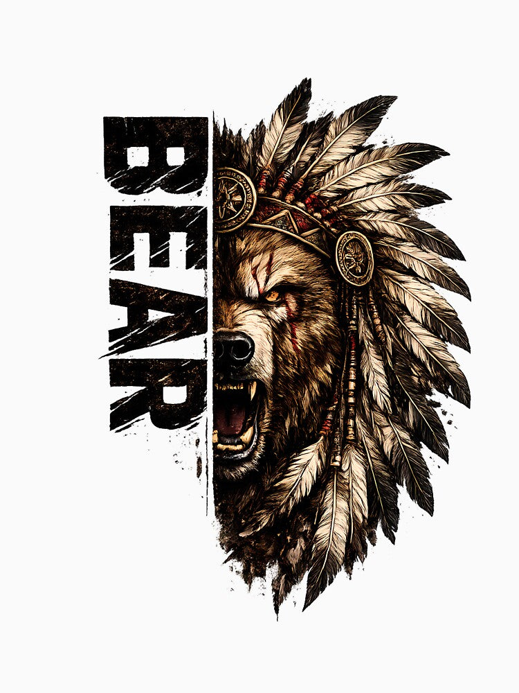 Bear Warrior Feather Headdress | Vintage Tribal Bear T-Shirt Design PNG by SupernovaNote