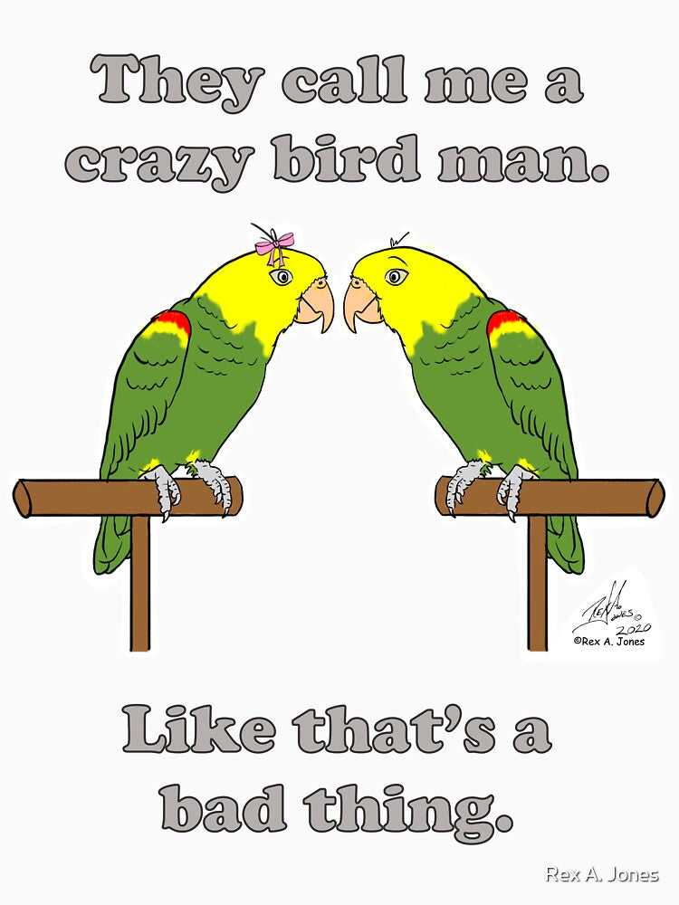 Crazy Bird man with double yellow-headed amazon by Laughing Parrot Studio