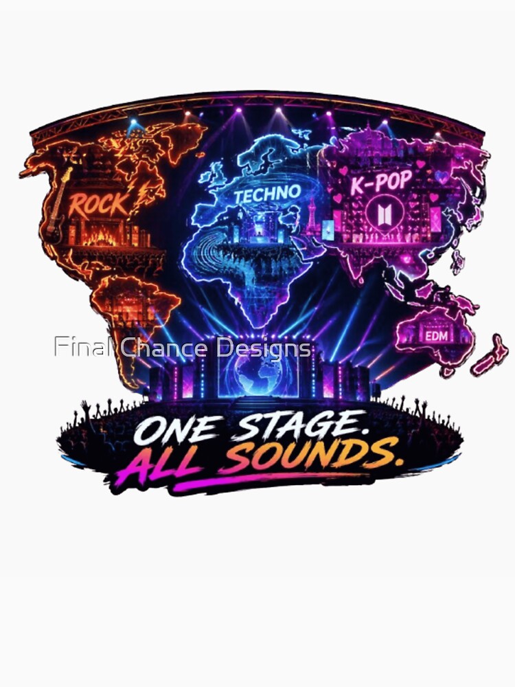 One Stage All Sounds World Festival T-Shirt | Global Music Map Neon Concert Graphic by Line-Mood1⭐️⭐️⭐️⭐️⭐️