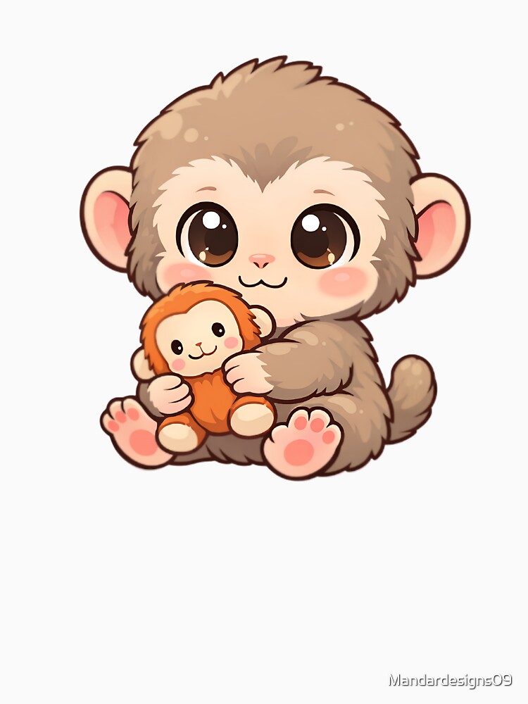 Cute Baby Monkey With Plush Toy Kawaii Animal Meme Sticker & T-Shirt by Mandardesigns09