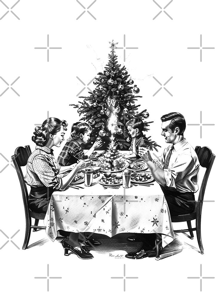 Vintage Family Christmas Dinner – Black and White Holiday Illustration by inkoutninja