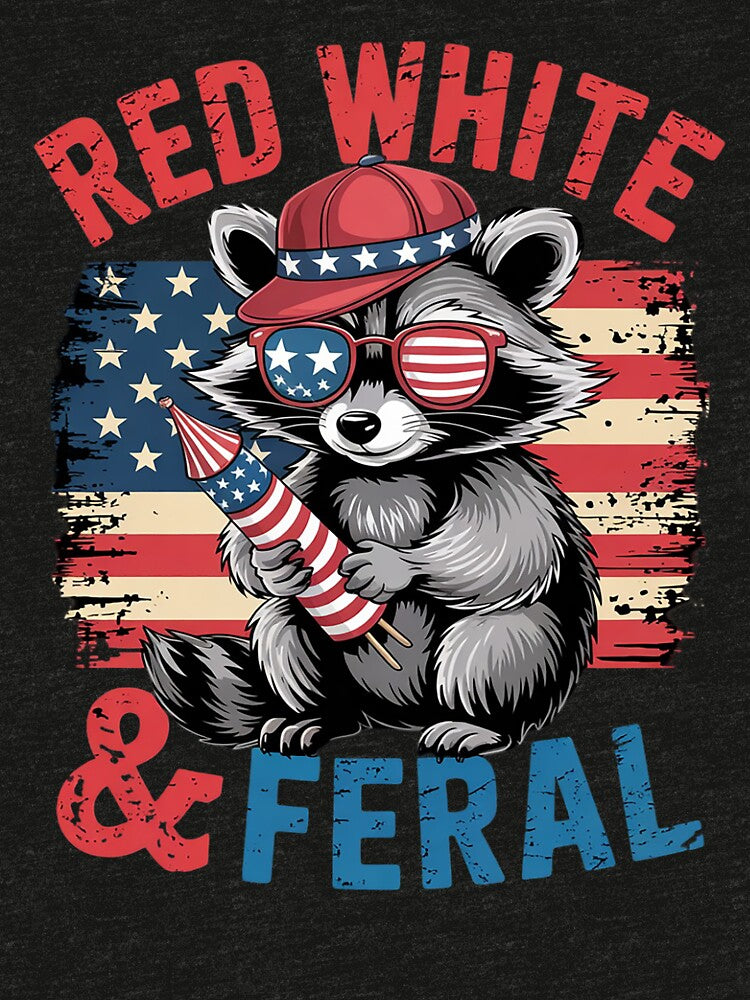Red White & Feral Funny Raccoon 4th Of July Men Women by KotexTemu