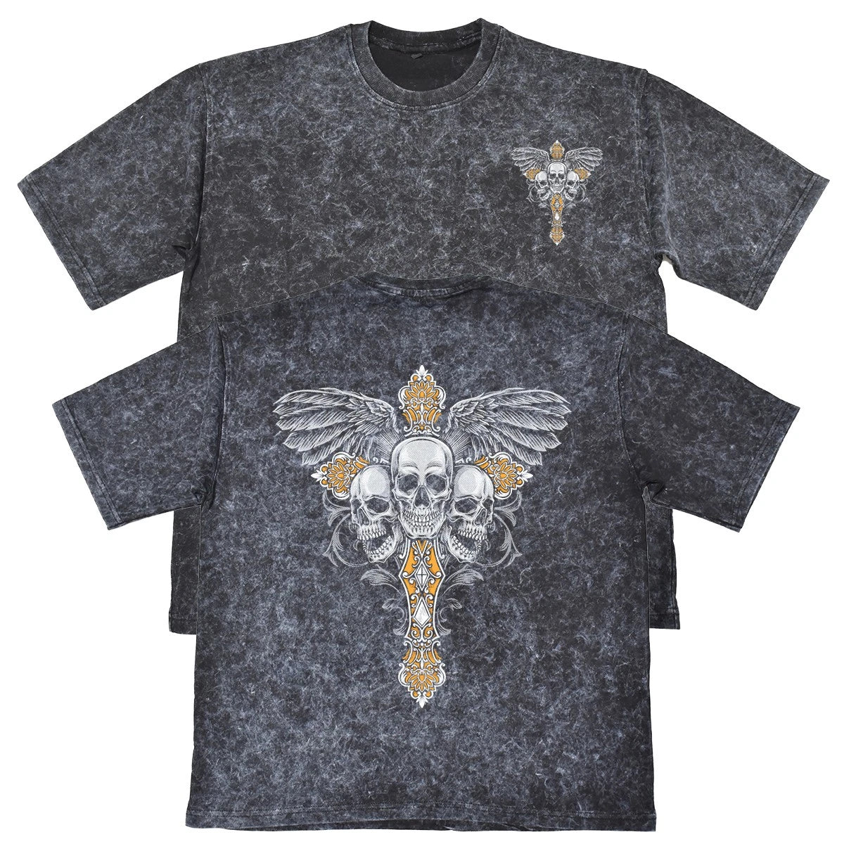 Three Skulls Wings Cross Mens Carbon Grey Heavyweight 240gsm Vintage T-Shirt