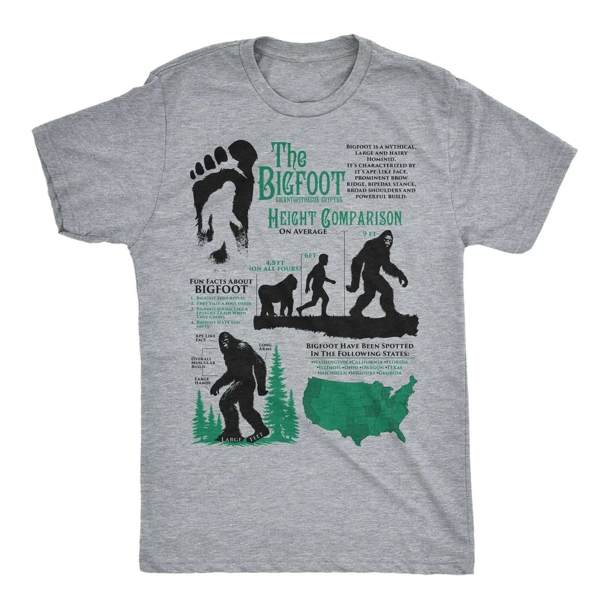 Mens Funny T Shirts Bigfoot Facts Sheet Sarcastic Sasquatch Graphic Novelty Tee