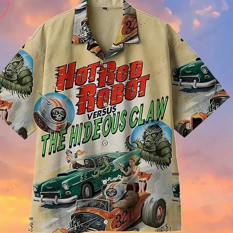 Mens Button Down Vintage Custom Garage Design Hawaiian Top Novelty Holiday Shirt