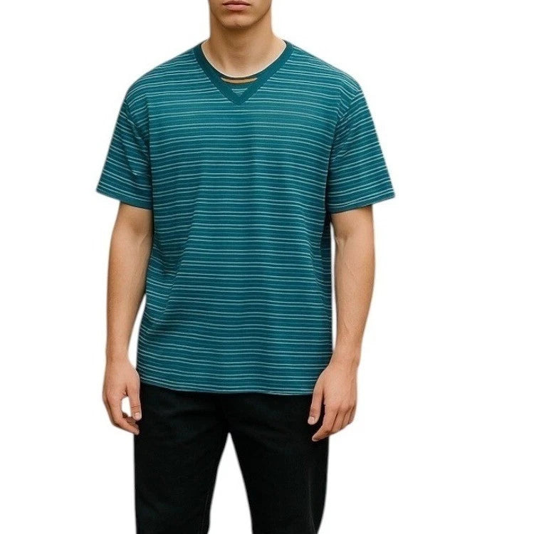Lululemon V-Neck T-Shirt Mens Teal Striped Short Sleeve Athletic Tee Performance