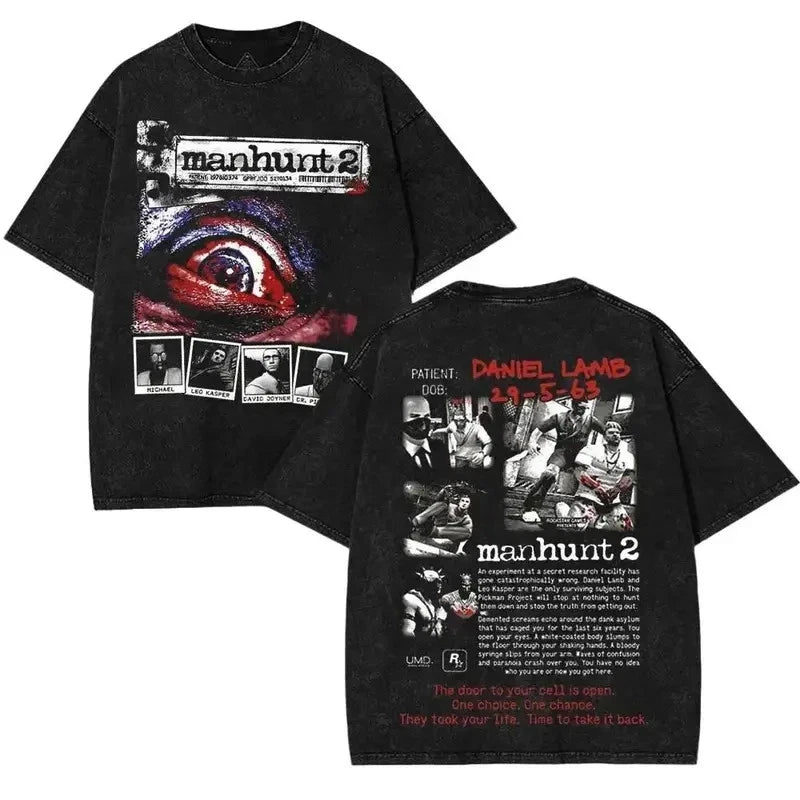 MANHUNT 2 Double Printed Washed 2 Sided Printing T-Shirt RPG action Video anime
