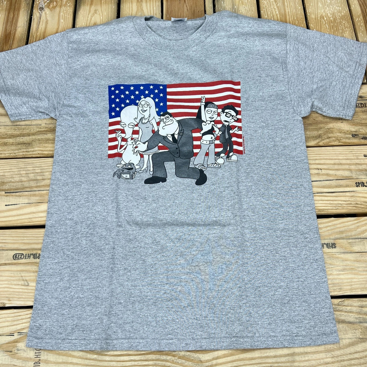 Vtg Y2K New Old Stock 2005 American Dad Flag Gray Graphic T-Shirt Men's Sizes
