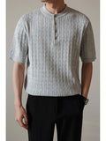 Mens Knitted Short Sleeve H Shirt Casual Slim Shirts Button Tops Blouse