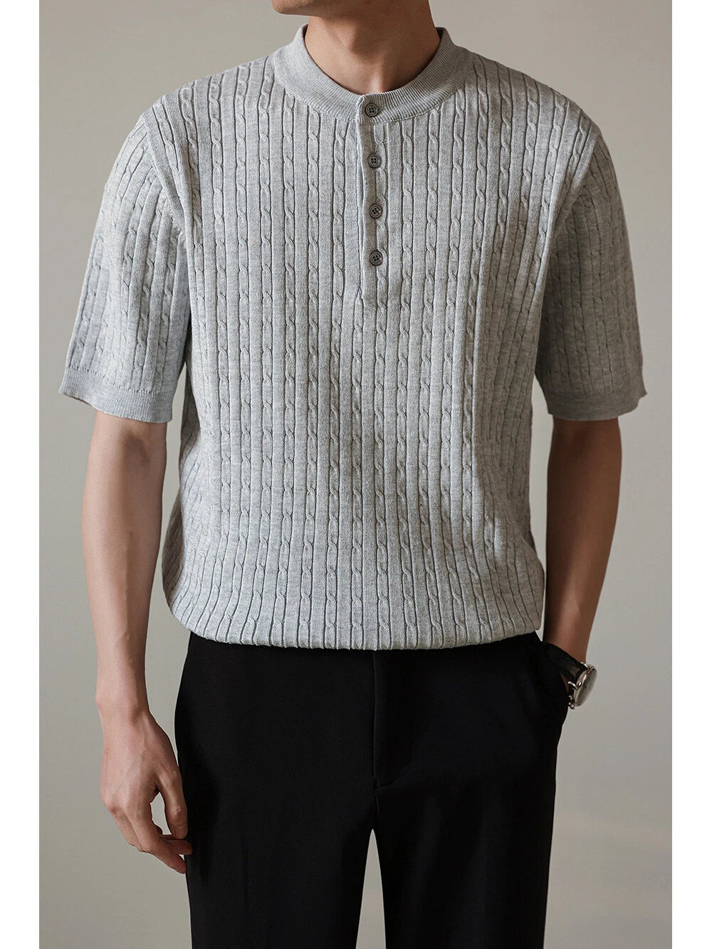 Mens Knitted Short Sleeve H Shirt Casual Slim Shirts Button Tops Blouse