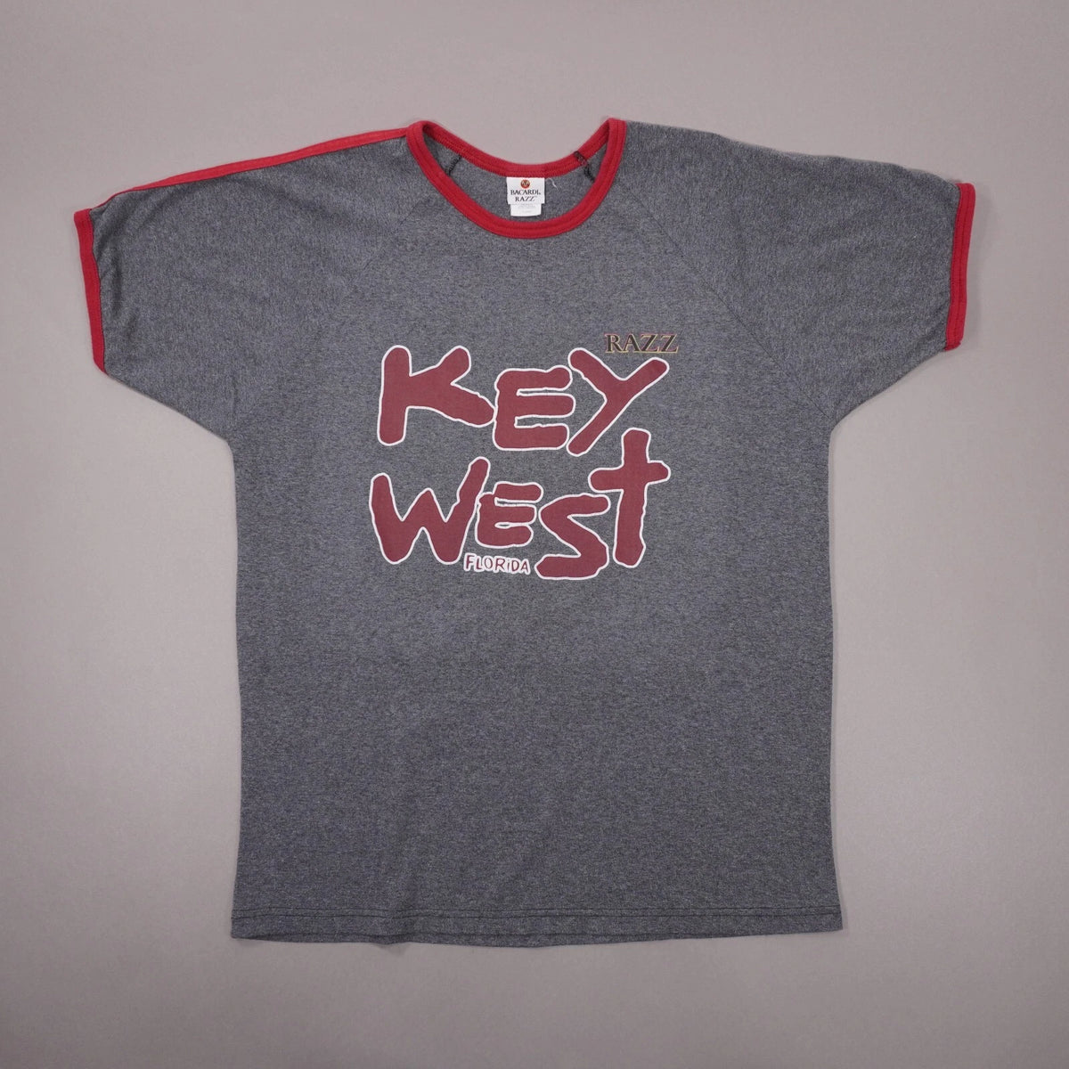 Vintage Y2K Bacardi RAZZ Key West Florida Ringer T Shirt Mens XL Gray Red